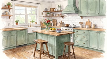 Cocina con gabinetes verdes, isla central de madera con taburetes, ventana, fregadero, estufa, campana extractora, estantes, plantas, flores y frutas.
