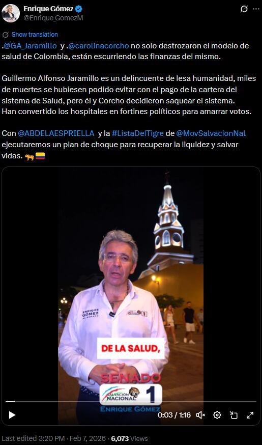 Enrique Gómez acusó a altos funcionarios de agravar la crisis en salud y exigió transparencia - crédito @Enrique_GomezM