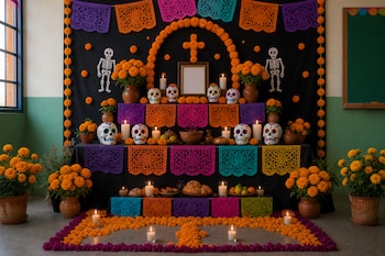 Altar escalonado con flores de cempasúchil, calaveras decoradas, velas encendidas, papel picado de colores y un marco vacío sobre fondo negro.