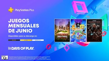 Póster promocional de PlayStation Plus en tonos azul y morado, mostrando los títulos Grounded, Nickelodeon All-Star Brawl 2 y Warhammer 40,000: Darktide para junio