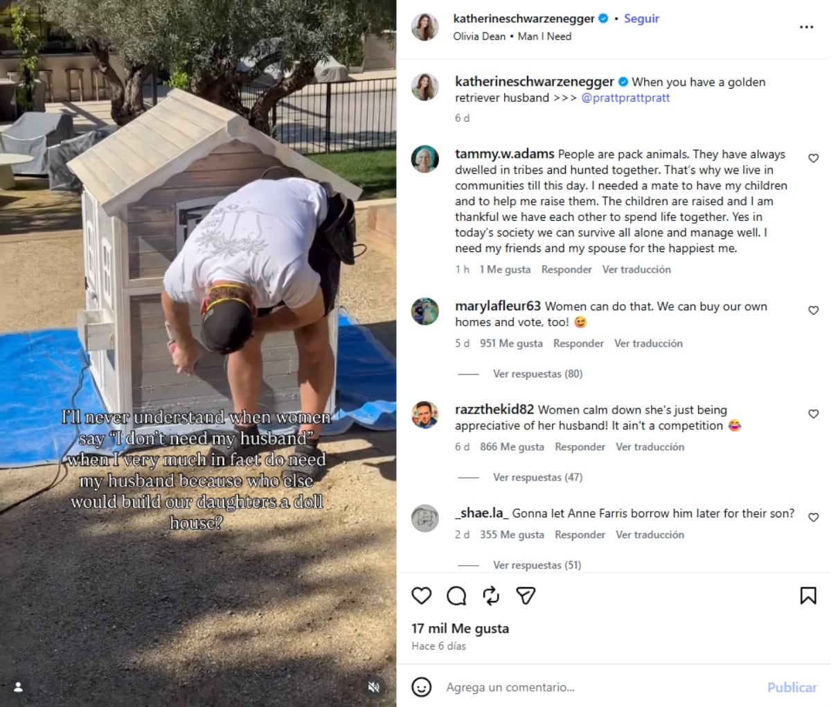 El comentario de Schwarzenegger sobre necesitar a su esposo Pratt fue cuestionado por usuarios que señalaron mensajes sexistas (Instagram/@katherineschwarzenegger)