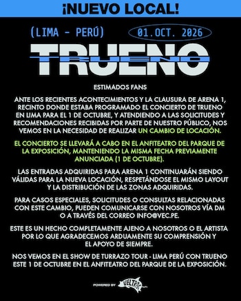 Trueno se presentará el 1 de octubre en el anfiteatro del Parque de la Exposición tras el cambio de local de su concierto en Lima.