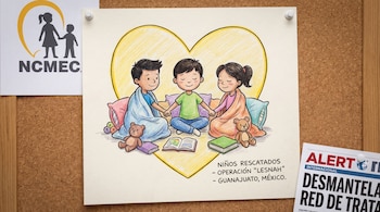 Primer plano de un tablero de corcho con tres elementos: el logo NCMEC, una ilustración de tres niños en un corazón y un titular sobre el desmantelamiento de una red.