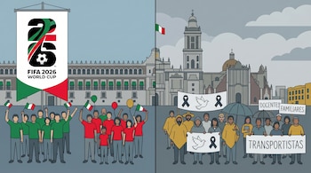 Ilustración plana del Zócalo de CDMX dividido: izquierda, gente celebra el Mundial 2026; derecha, manifestantes con pancartas y paraguas bajo cielo nublado.