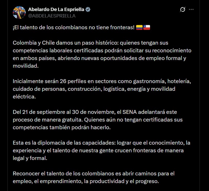 Abelardo de la Espriella indicó que reconocer el talento de los colombianos abre oportunidades de empleo y emprendimiento - crédito @ABDELAESPRIELLA/X