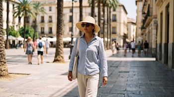 Una mujer con sombrero de paja, gafas de sol y camisa de manga larga camina por una plaza con palmeras y edificios.