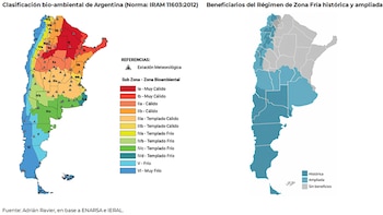 Dos mapas de Argentina. El izquierdo muestra zonas bio-ambientales por color y estaciones meteorológicas. El derecho indica regiones de Zona Fría