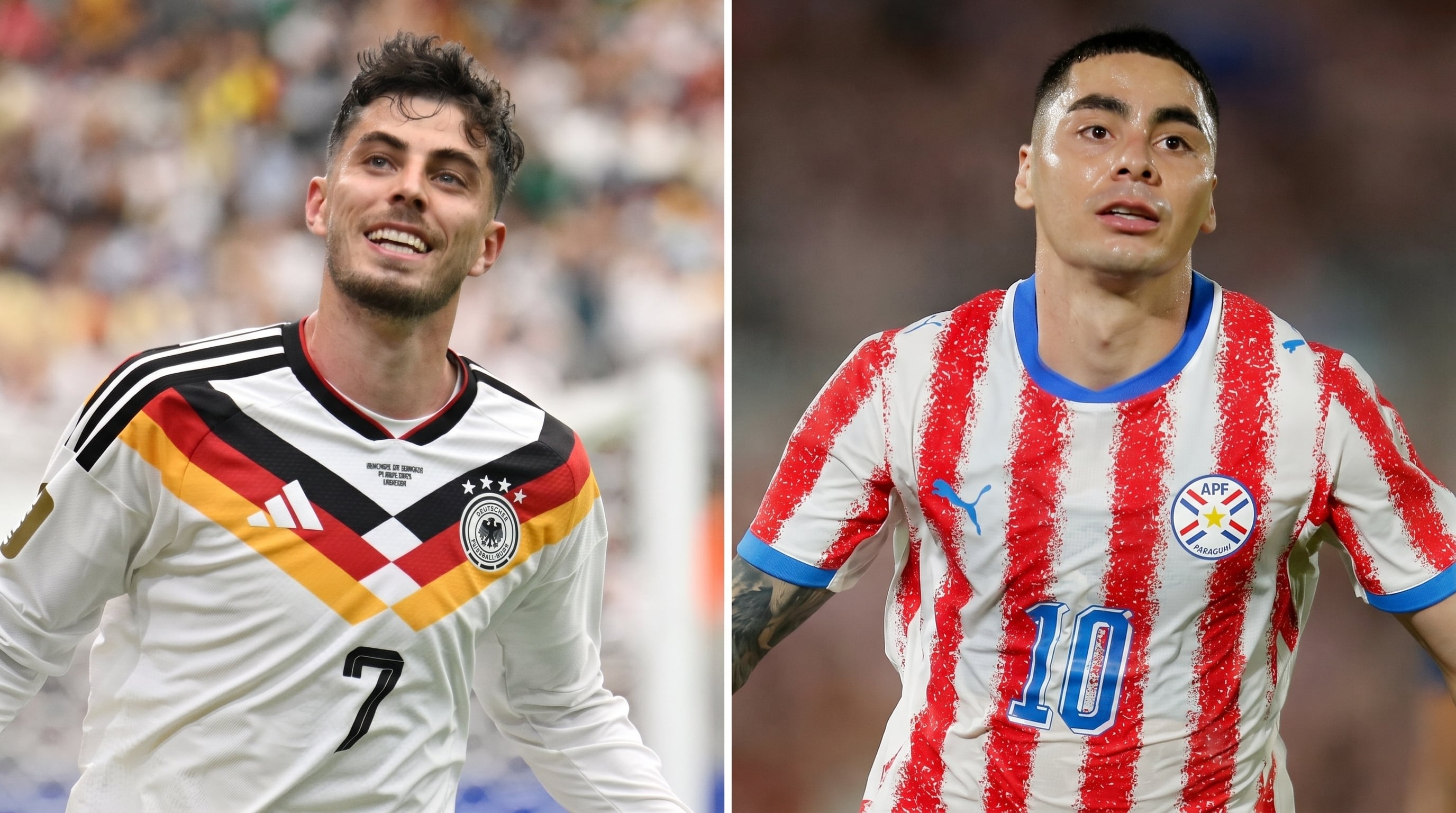 Kai Havertz, futbolista de la selección de Alemania, y Miguel Almirón, de la selección de Paraguay, aparecen en una composición fotográfica. (Imagen Ilustrativa Infobae)