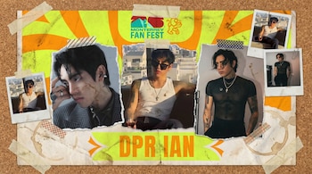 Montaje horizontal estilo scrapbook con fotos de DPR IAN en polaroids sobre un fondo de patrones amarillos y naranjas, con el logo del Monterrey Fan Fest.