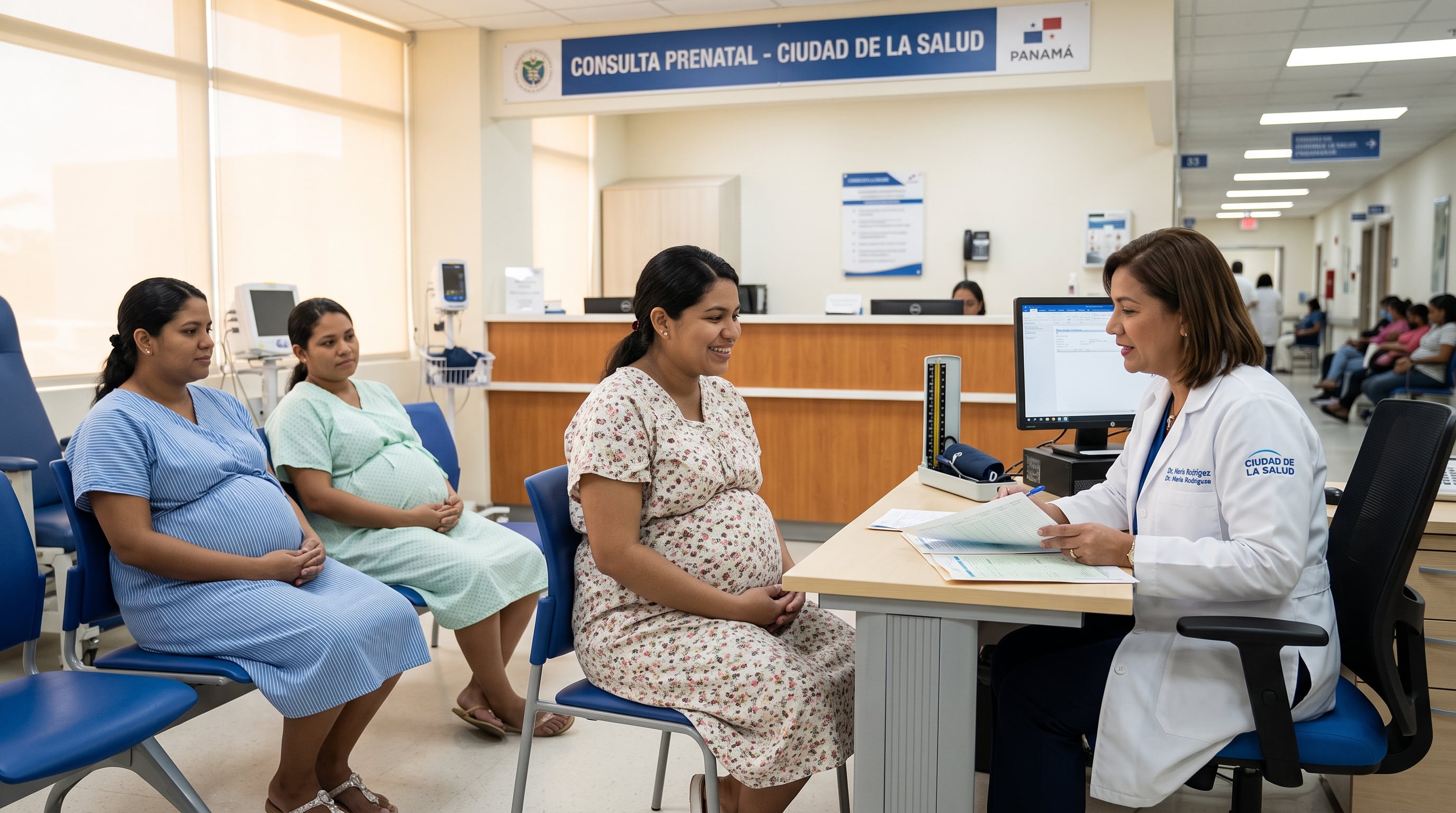Una médica atiende a varias mujeres embarazadas en batas de maternidad durante una consulta de control prenatal en la Ciudad de la Salud de Panamá. (Imagen Ilustrativa Infobae)