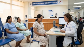 Tres mujeres embarazadas vestidas con batas y una doctora sentada frente a un escritorio en una sala con un cartel de Consulta Prenatal.