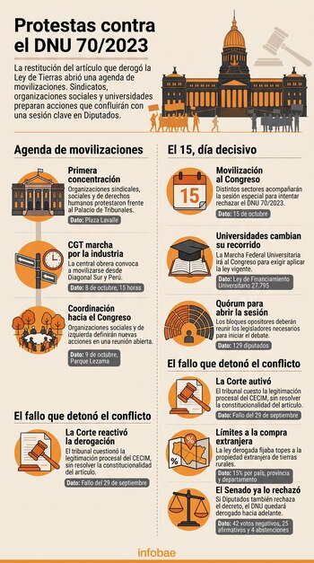 Infografía titulada Protestas contra el DNU 70/2023 con ilustraciones de edificios, fechas de marchas y texto explicativo sobre fondo claro.
