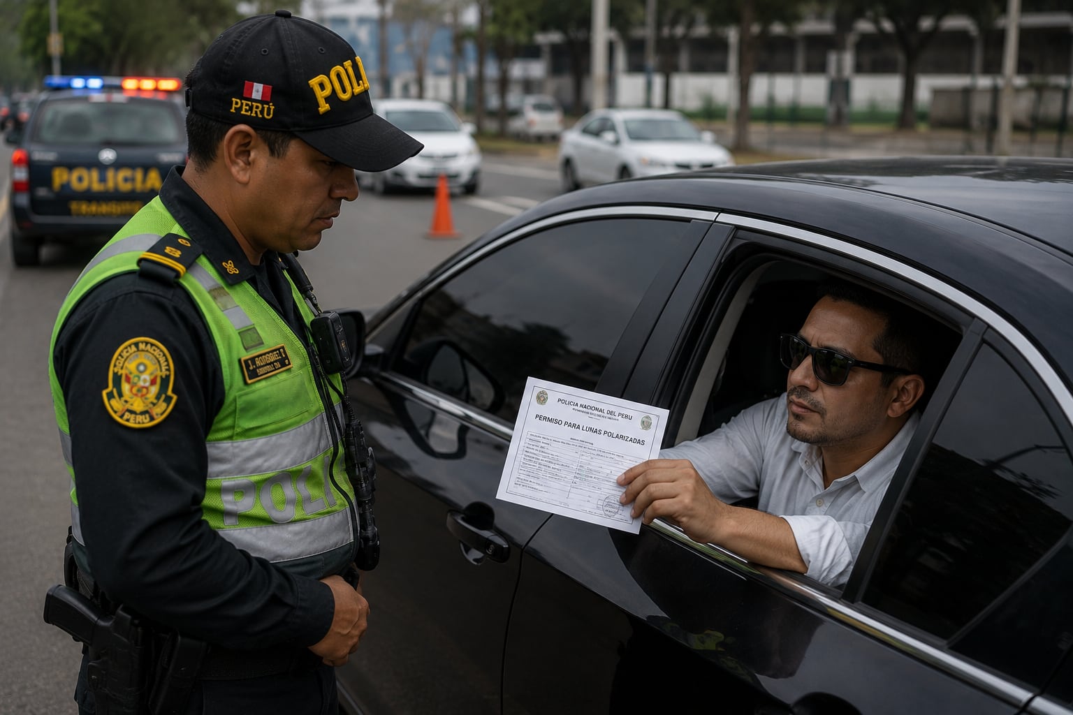 Un agente de la Policía Nacional del Perú verifica el documento de autorización para el uso de lunas polarizadas presentado por el conductor de un vehículo durante un control de tránsito. (Imagen Ilustrativa Infobae)