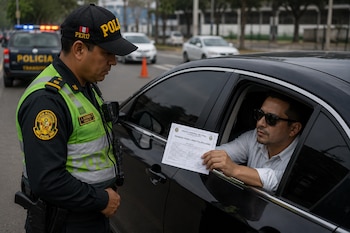 Un policía de Perú examina un papel de permiso para lunas polarizadas que sostiene el conductor desde la ventana de un auto negro