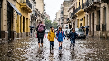 Niños con impermeables y botas caminan por una calle inundada entre edificios y automóviles bajo la lluvia.