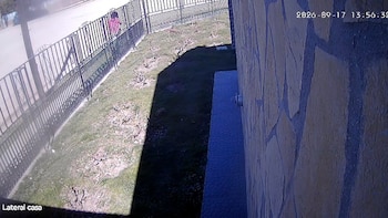 Toma de cámara de seguridad del pasillo exterior de una casa con pared de piedra, césped y una reja de hierro junto a la calle