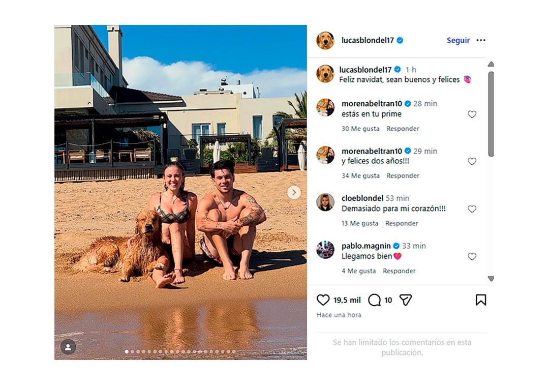 La publicación de Lucas Blondel y los comentarios de Morena Beltrán