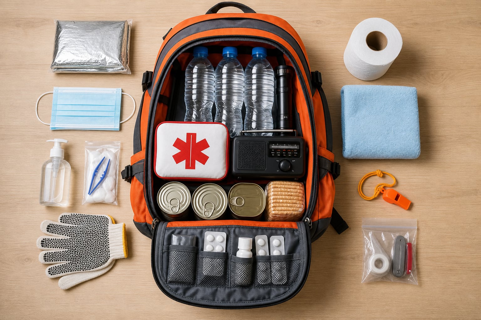 Una mochila de emergencia equipada con agua, botiquín, alimentos en conserva y linterna reúne los elementos indispensables para la prevención ante desastres naturales. (Imagen Ilustrativa Infobae)