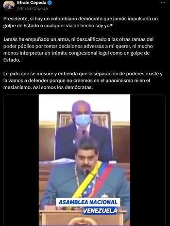 Efraín Cepeda respondió a acusaciones de un golpe de Estado por parte de Petro - crédito: @EfrainCepeda