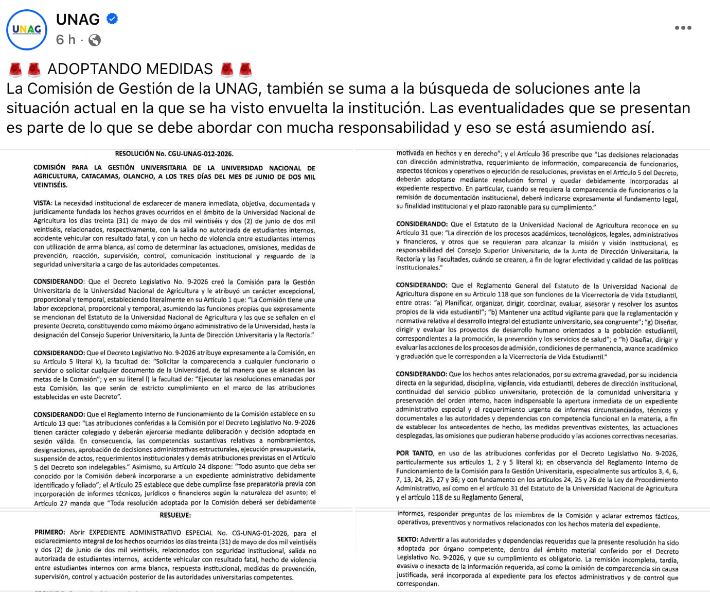 Las autoridades de la UNAG anunciaron una serie de medidas orientadas a fortalecer la seguridad y la convivencia dentro del sistema de internado universitario. (FOTO: UNAG)