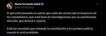 Estas fueron las palabras de María Fernanda Cabal - crédito @MariaFdaCabal/X
