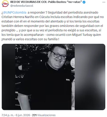 Red de Veedurías Pablo Bustos solicitaron esclarecer fallas en la protección de Cristian Herrera - crédito @redveeduriascol/X