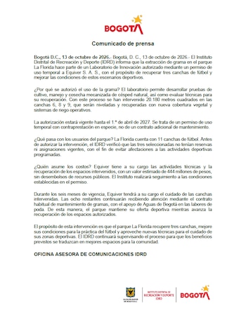 El organismo distrital explicó que las operaciones que se realizaron en el Parque La Florida contaron con la autorización previa y con el apoyo de una empresa llamada Equiver -crédito IDRD