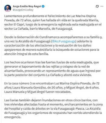 El gobernador Jorge Emilio Rey lamentó la muerte de la adulta mayor tras le emergencia en el departamento - crédito @JorgeEmilioRey/X