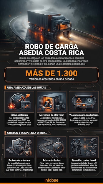 Infografía con un camión en ruta lluviosa, datos sobre asaltos y seis recuadros con gráficos de transporte de mercancías y operativos de seguridad.