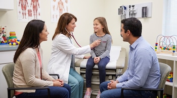 Una pediatra examina a una niña en una camilla con un estetoscopio. Una mujer y un hombre se sientan. Consultorio con juguetes y diagramas anatómicos.