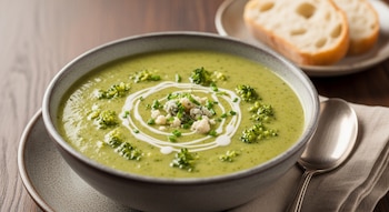 Tazón de sopa de brócoli verde con queso azul, pequeños trozos de brócoli, cebollino, un plato, dos rebanadas de pan y una cuchara.