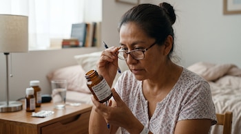Una mujer con gafas sostiene un frasco marrón de ibuprofeno y lee su etiqueta frente a una mesa con frascos de medicina.