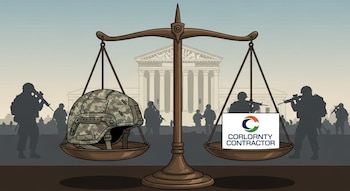 Ilustración de una balanza de la justicia con un casco militar y un logo de contratista. Siluetas de soldados y la Corte Suprema al fondo.