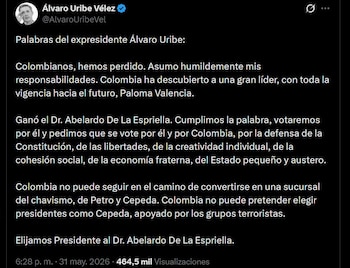 El expresidente Álvaro Uribe Vélez reconoció la derrota de su sector y pidió a sus seguidores votar por De la Espriella en la segunda vuelta - crédito @AlvaroUribeVel / X