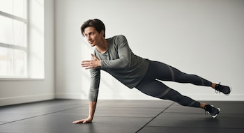 Hombre en ropa deportiva gris haciendo una plancha lateral, apoyado en una mano y un pie, con la otra mano y pierna elevadas, en una sala luminosa.