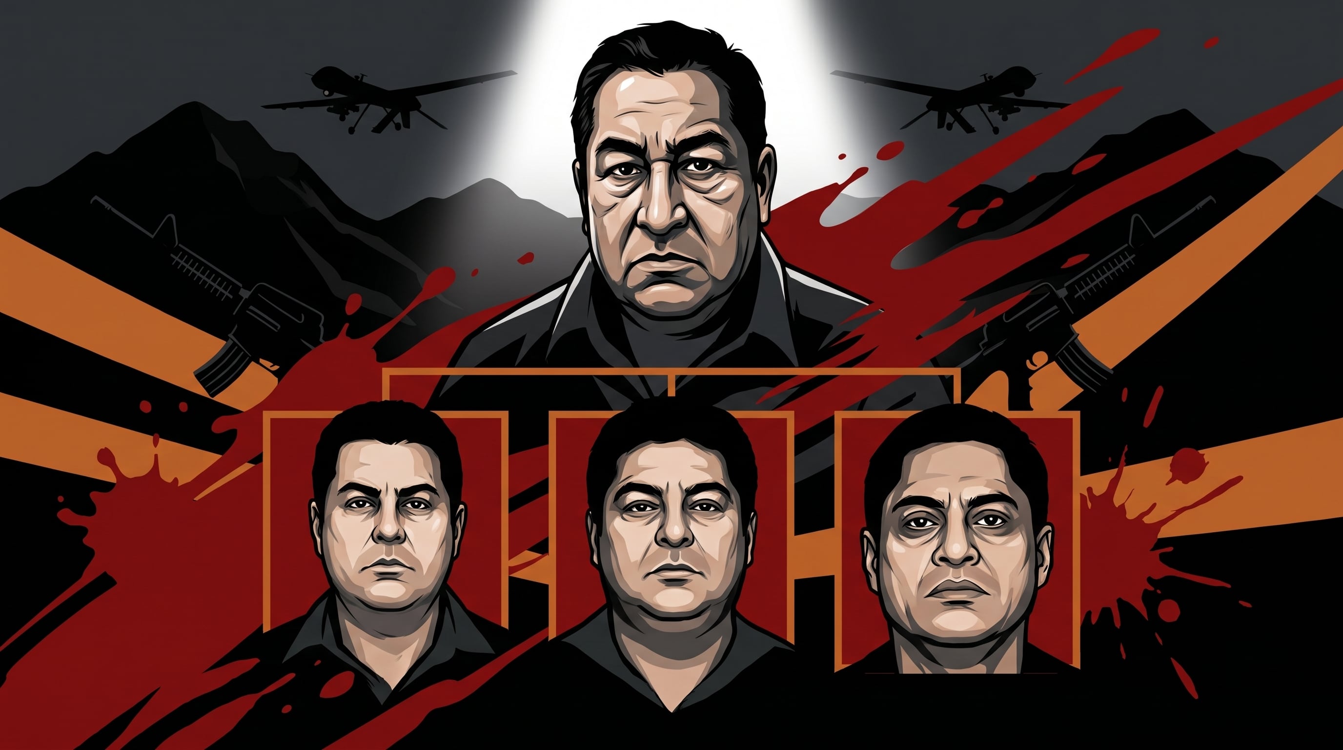 Ilustración editorial conceptual que retrata a Celso Ortega Rosas y los hermanos Ortega Jiménez, líderes de Los Ardillos, en un fondo dramático con símbolos de conflicto y sangre. (Imagen Ilustrativa Infobae)