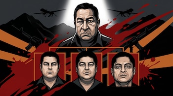 Ilustración de Celso Ortega Rosas y los hermanos Ortega Jiménez. Fondo oscuro con montañas, drones, armas largas y manchas de sangre roja.