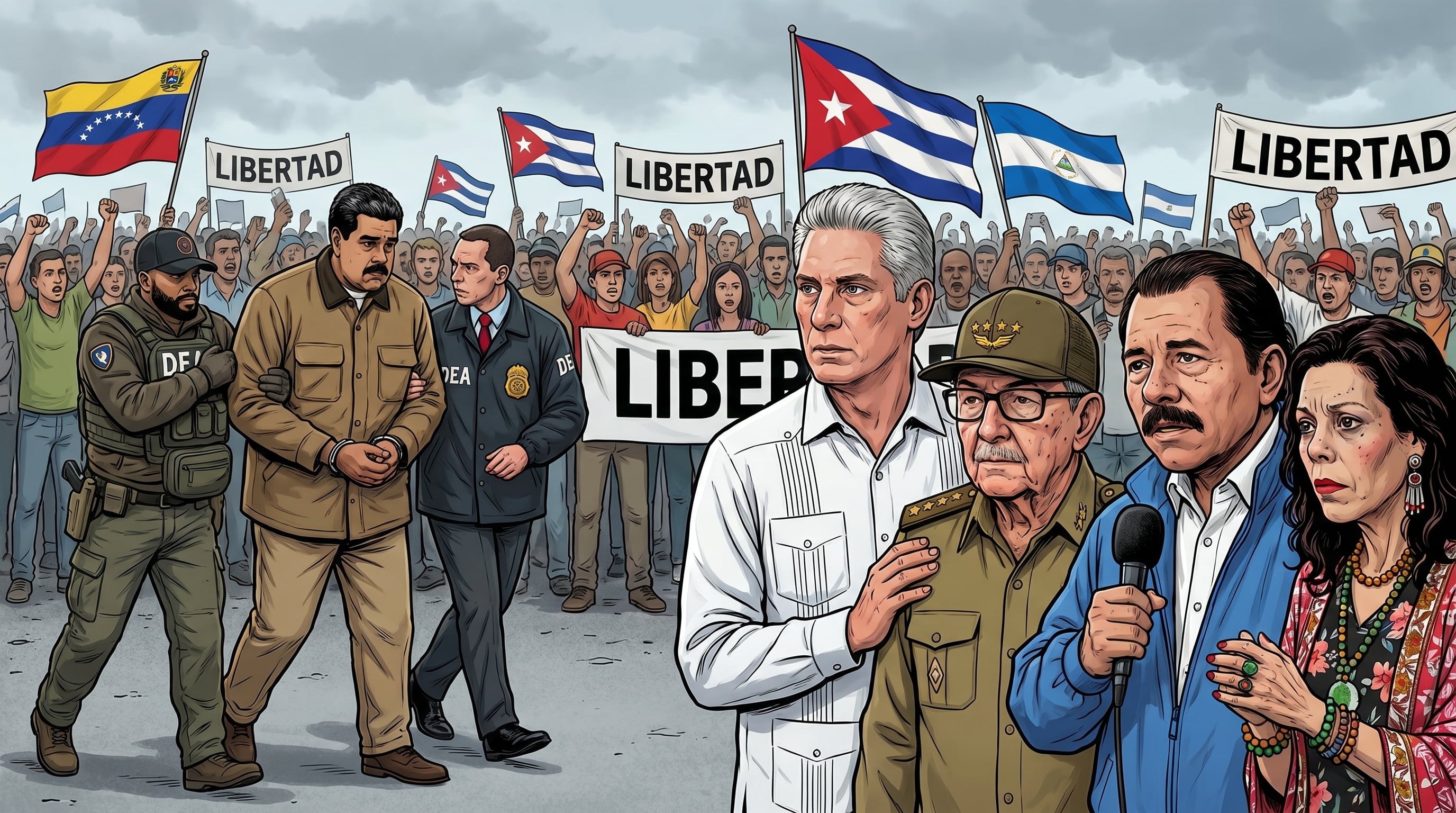 Nicolás Maduro es arrestado por agentes de la DEA mientras Miguel Díaz-Canel, Raúl Castro, Daniel Ortega y Rosario Murillo observan con preocupación ante una multitud que exige libertad (Imagen Ilustrativa Infobae)