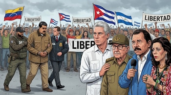 Ilustración de Nicolás Maduro detenido por agentes de la DEA. Al frente, Díaz-Canel, Castro, Ortega y Murillo. Al fondo, manifestantes con banderas de Venezuela, Cuba y Nicaragua.