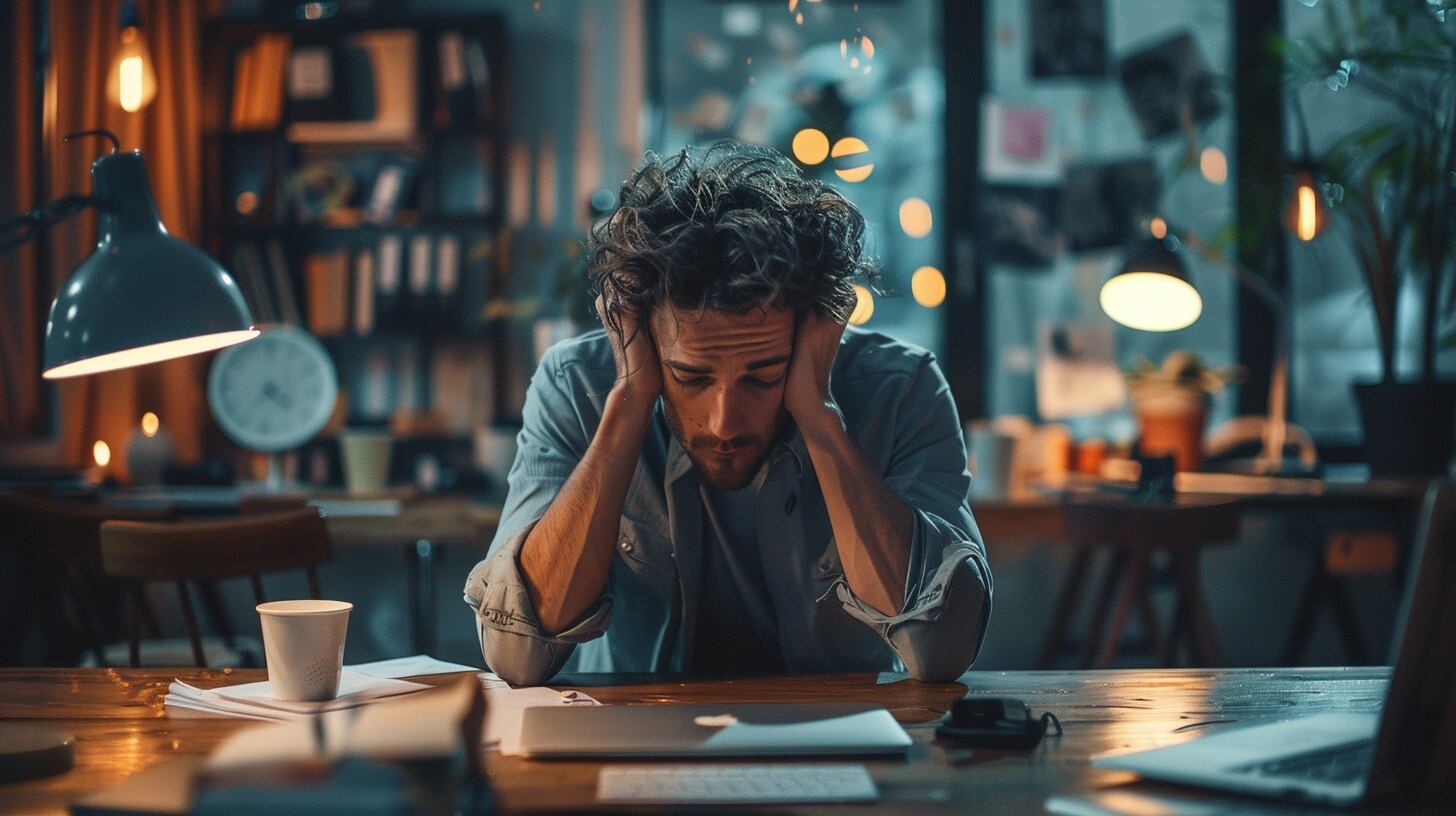 Empleado incómodo y triste en su oficina refleja un ambiente laboral tóxico y estresante - (Imagen Ilustrativa Infobae)