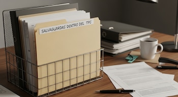 Carpeta 'Salvaguardas dentro del TPC' en archivero, con documentos, taza de café, bolígrafo y grapadora en escritorio de madera.
