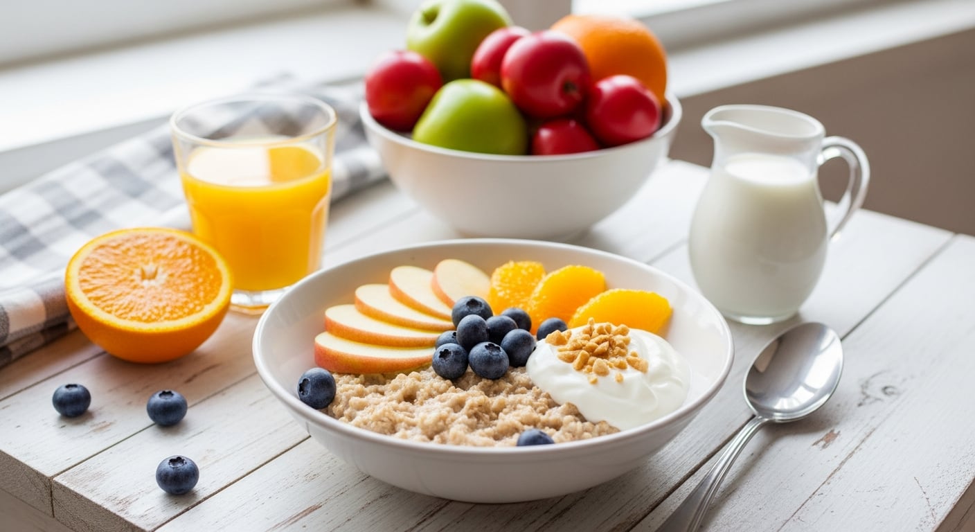 Un bol de avena acompañado de manzanas, arándanos y nueces, representa una de las opciones de desayuno más recomendadas por especialistas, ya que aporta fibra soluble que contribuye a disminuir el colesterol LDL y favorece el funcionamiento intestinal - (Imagen Ilustrativa Infobae)