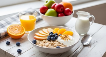 Un bol de avena con manzana en rodajas, arándanos, trozos de naranja, yogur y frutos secos. Un vaso de zumo de naranja, media naranja, una jarra de leche y una cuchara en una mesa blanca.