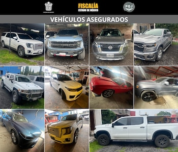 Vehículos asegurados por las autoridades mexiquenses. Crédito: FGJEM