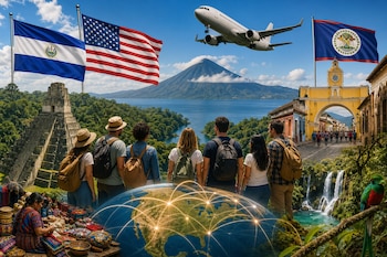 Turistas ante paisajes guatemaltecos, un avión volando, un globo terráqueo luminoso y banderas de El Salvador, Estados Unidos y Belice.