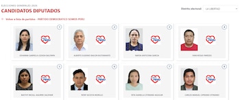 Pantalla web mostrando ocho fotos de candidatos a diputados de Somos Perú con sus nombres, bajo el encabezado 'Candidatos Diputados'