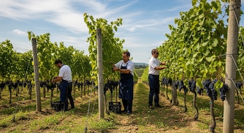 Tres hombres cosechan racimos de uvas oscuras en un viñedo con hileras de vides verdes y postes de madera, con cajas negras en el suelo bajo un cielo azul.