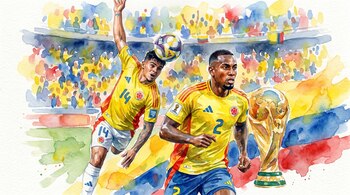 Acuarela de los futbolistas Juan Camilo Hernández y Willer Ditta con uniformes de la selección Colombia, junto a un balón, el trofeo de la Copa Mundial y una multitud en un estadio.