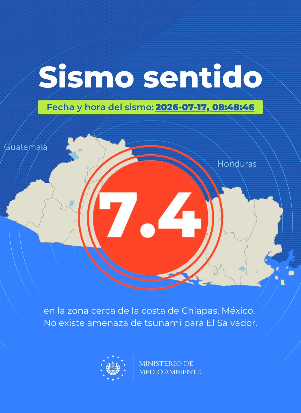 El Ministerio de Medio Ambiente de El Salvador confirma que no existe amenaza de tsunami tras el sismo de 7.4 sentido en la región.