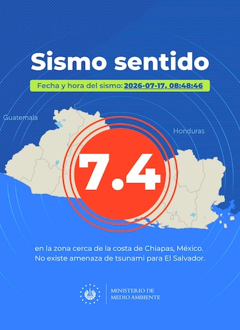 El Ministerio de Medio Ambiente de El Salvador confirma que no existe amenaza de tsunami tras el sismo de 7.4 sentido en la región.